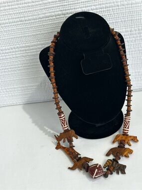 Vintage Hand-Carved Safari Animal Wood Bead Statement Necklace Tribal Boho